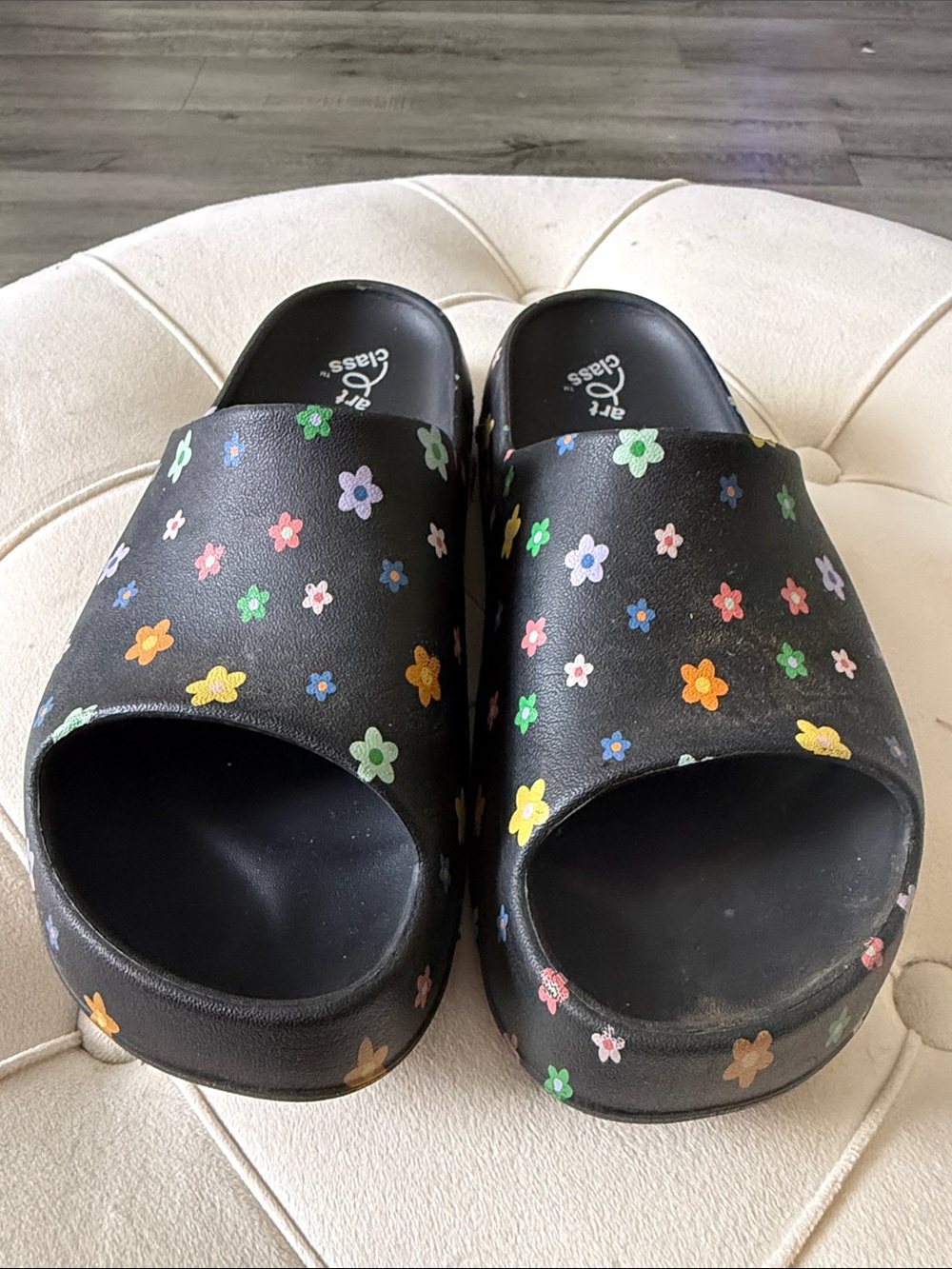 art class Black Floral Slide Sandals with Colorful Flowers